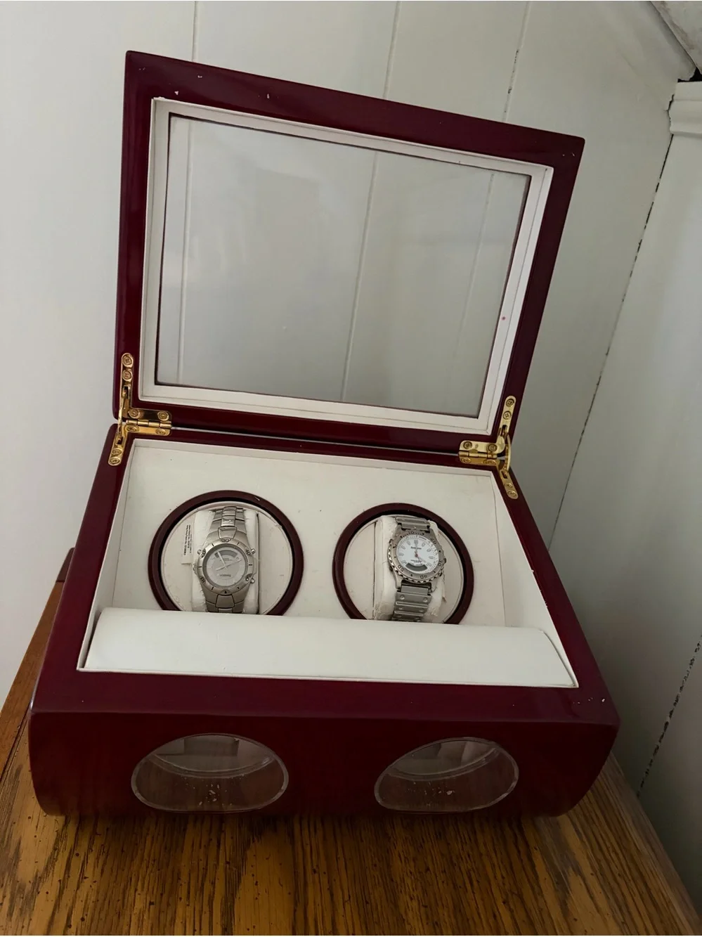 Watch Winder Box, 4-Slot, Lacquered Wood, Glass Display, Automatic